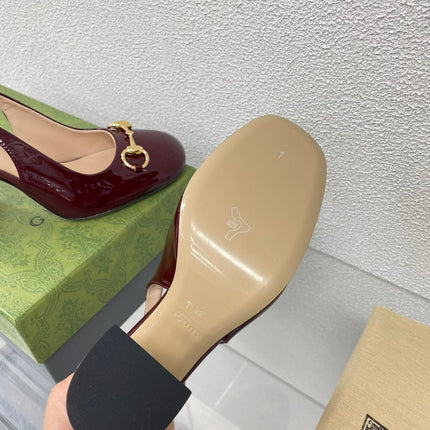 GG WOMEN'S HORSEBIT SLINGBACK 95MM IN WINE RED CALFSKIN WITH RHINSTONES