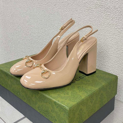 GG WOMEN'S HORSEBIT SLINGBACK 95MM IN TAN BEIGE CALFSKIN