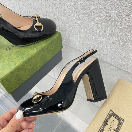 GG WOMEN'S HORSEBIT SLINGBACK 95MM IN BLACK CALFSKIN