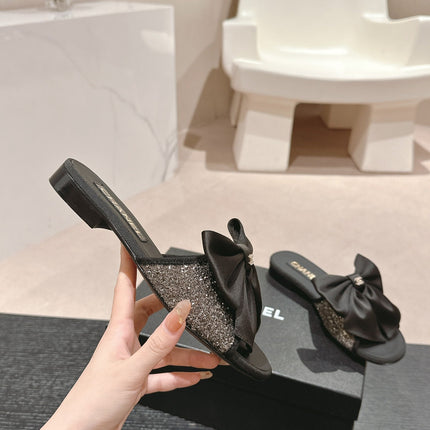 BOW LADY SLIPPERS BLACK LAMBSKIN WITH RHINESTONES