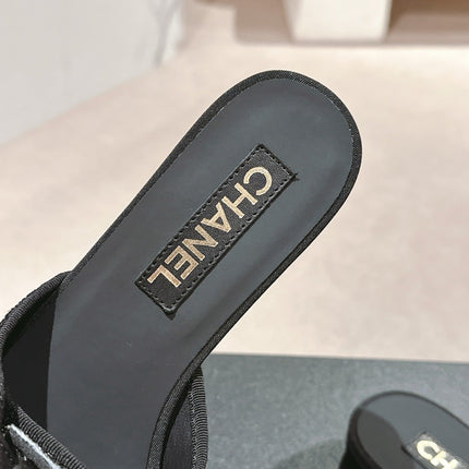 BOW LADY SLIPPERS BLACK LAMBSKIN WITH RHINESTONES