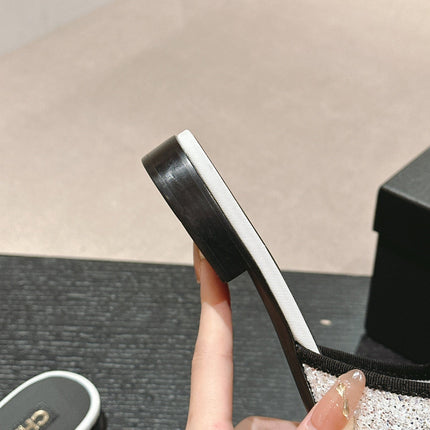 BOW LADY SLIPPERS BLACK LAMBSKIN WITH WHITE RHINESTONES