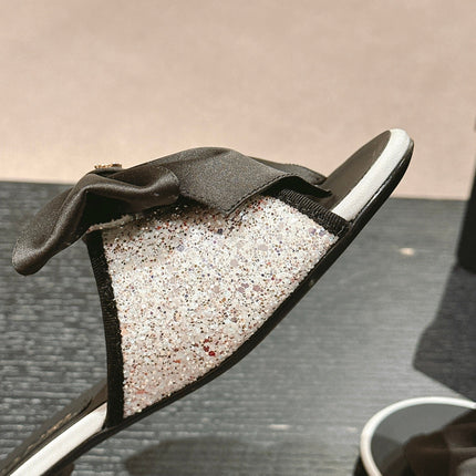 BOW LADY SLIPPERS BLACK LAMBSKIN WITH WHITE RHINESTONES