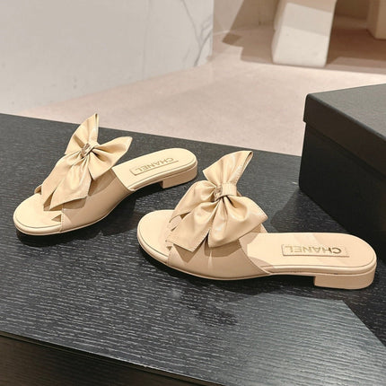 BOW LADY SLIPPERS BEIGE CREAM LAMBSKIN