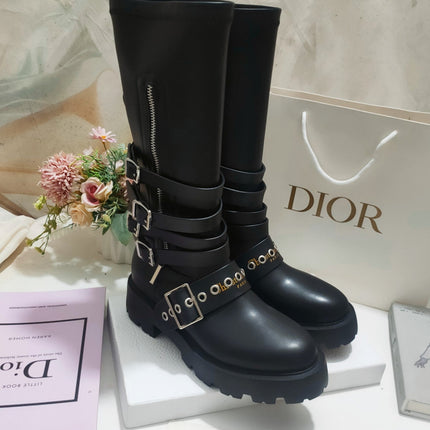 CD ZIPPER BUCKLE BOOTS IN BLACK CALFSKIN