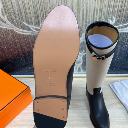 KNEE HIGH BOOTS IN BLACK CALFSKIN AND WHITE FABRIC