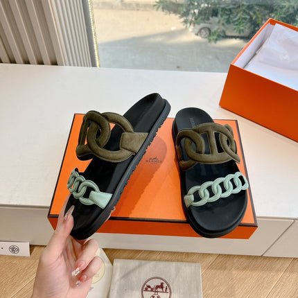 EXTRA SANDAL IN ARMY GREEN MIX ELECTRIC BLUE CALFSKIN