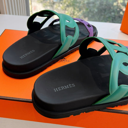 EXTRA SANDAL IN MEDIUM GREEN MIX VIOLET PURPLE CALFSKIN