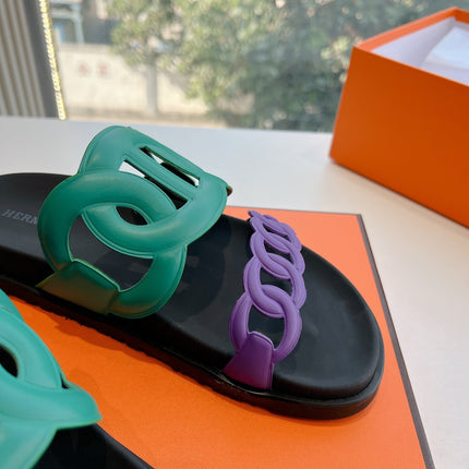 EXTRA SANDAL IN MEDIUM GREEN MIX VIOLET PURPLE CALFSKIN