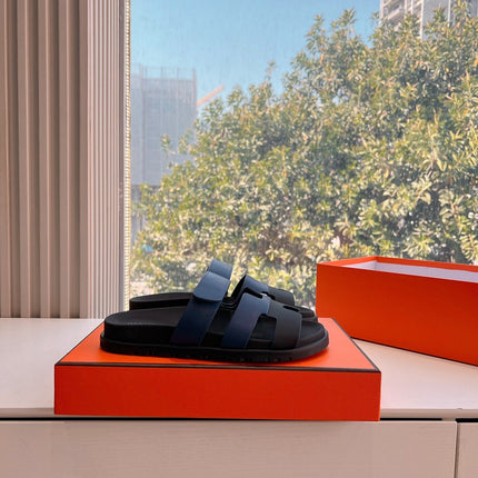 CHYPRE SANDAL IN AEGEAN BLUE MIX BLACK CALFSKIN