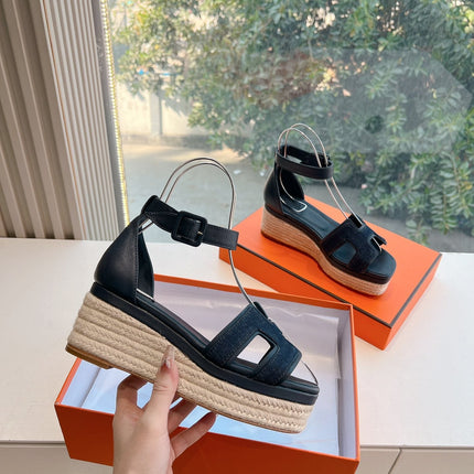 ELDA ESPADRILLE IN MIDNIGHT BLUE FABRIC AND BLACK CALFSKIN