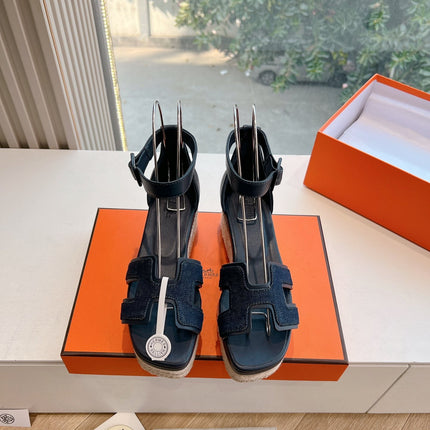 ELDA ESPADRILLE IN MIDNIGHT BLUE FABRIC AND BLACK CALFSKIN