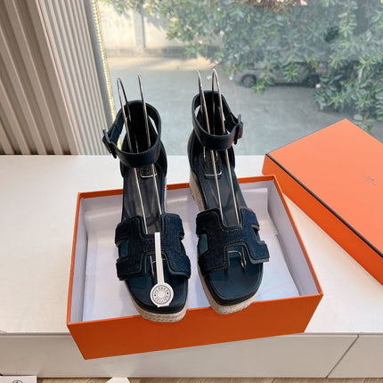 ELDA ESPADRILLE IN MIDNIGHT BLUE FABRIC AND BLACK CALFSKIN