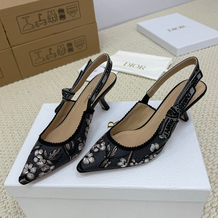 DIOR HIGH SLINGBACK 65 MM 25S IN BLACK FABRIC AND FLORAL PATTERN