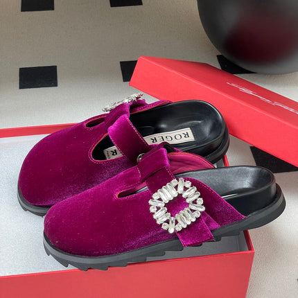 ROGER VIVIER 25S VIV' RANGERS MULES IN DARK MAGENTA VELVET EMBELLISHED CRYSTALS