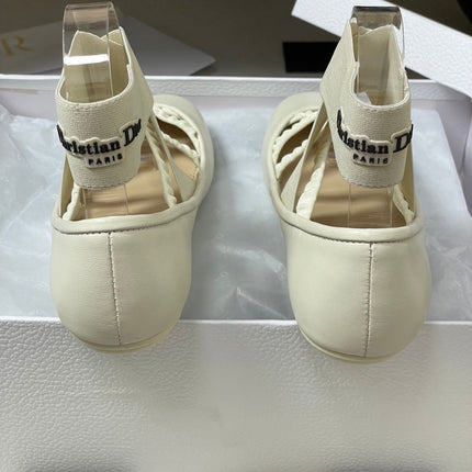 DIOR STRETCH BALLET FLATS 25S IN CREAM WHITE LAMBSKIN WITH CROSSED STRAPS