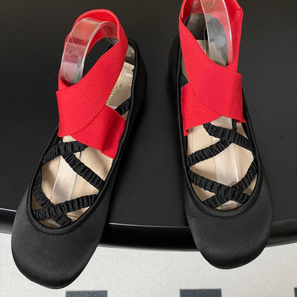 DIOR STRETCH BALLET FLATS 25S IN BLACK MIX RED FABRIC WITH CROSSED STRAPS