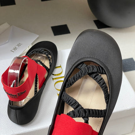 DIOR STRETCH BALLET FLATS 25S IN BLACK MIX RED FABRIC WITH CROSSED STRAPS