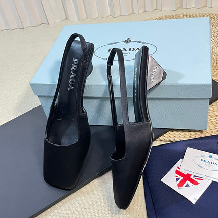 PRA SQUARE TOE SLINGBACK PUMPS BLACK SATIN