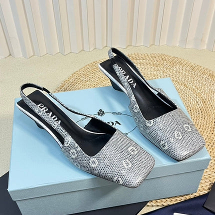 PRA SQUARE TOE SLINGBACK PUMPS PALE SNAKESKIN MOTIF SATIN