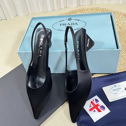 PRA POINTED TOE SLINGBACK PUMPS BLACK SATIN