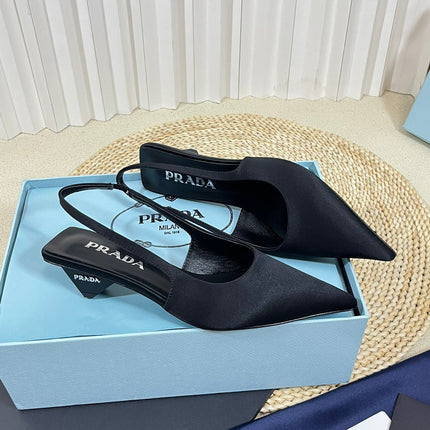 PRA POINTED TOE SLINGBACK PUMPS BLACK SATIN