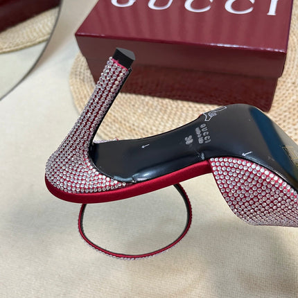 HIGH SLINGBACK 10 CM IN CHERRY RED SILK WITH FULL RHINSTONES