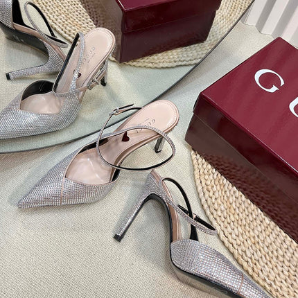 HIGH SLINGBACK 10 CM IN BEIGE SILK WITH FULL RHINSTONES