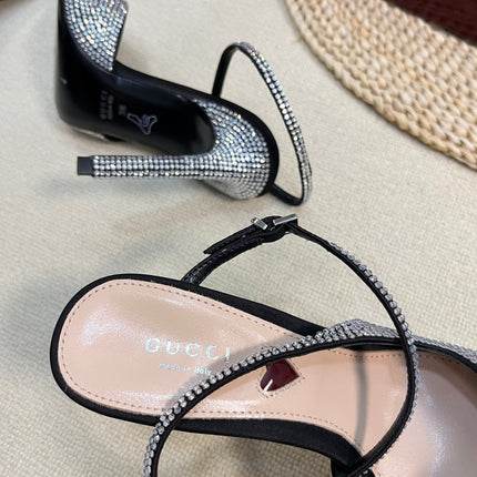 HIGH SLINGBACK 10 CM IN BLACK SILK WITH FULL RHINSTONES