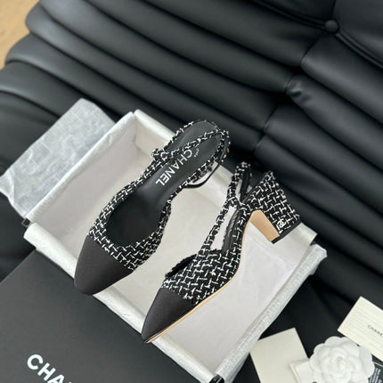 HIGH SLINGBACK IN BLACK MIX WHITE TWEED AND LAMBSKIN