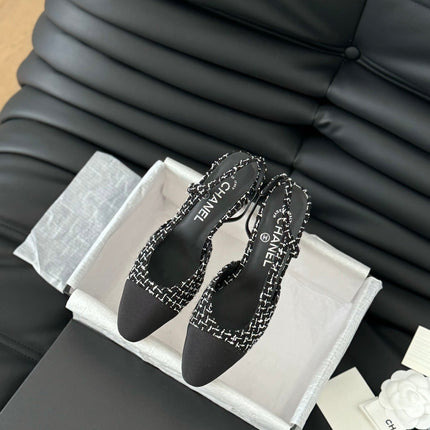 HIGH SLINGBACK IN BLACK MIX WHITE TWEED AND LAMBSKIN