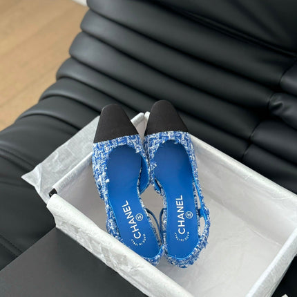 HIGH SLINGBACK IN COBALT BLUE TWEED AND BLACK LAMBSKIN