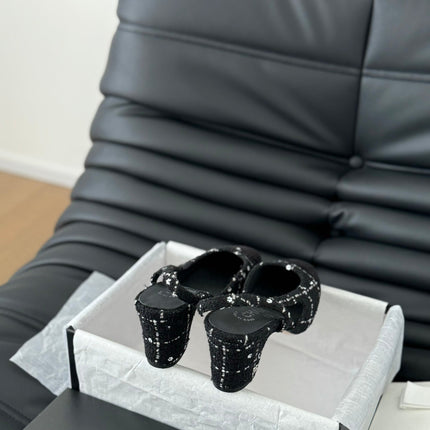 HIGH SLINGBACK IN BLACK TWEED AND LAMBSKIN