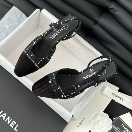 HIGH SLINGBACK IN BLACK TWEED AND LAMBSKIN