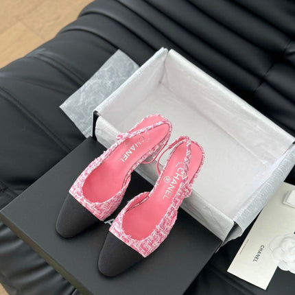 HIGH SLINGBACK IN LIGHT PINK TWEED AND BLACK LAMBSKIN