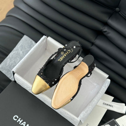 HIGH SLINGBACK IN BLACK TWEED AND GOLDEN LAMBSKIN