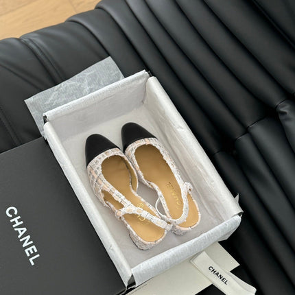 HIGH SLINGBACK IN BEIGE TWEED AND BLACK LAMBSKIN