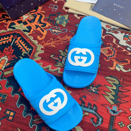 GG INTERLOCKING G SLIDE SANDAL BRIGHT BLUE RUBBER
