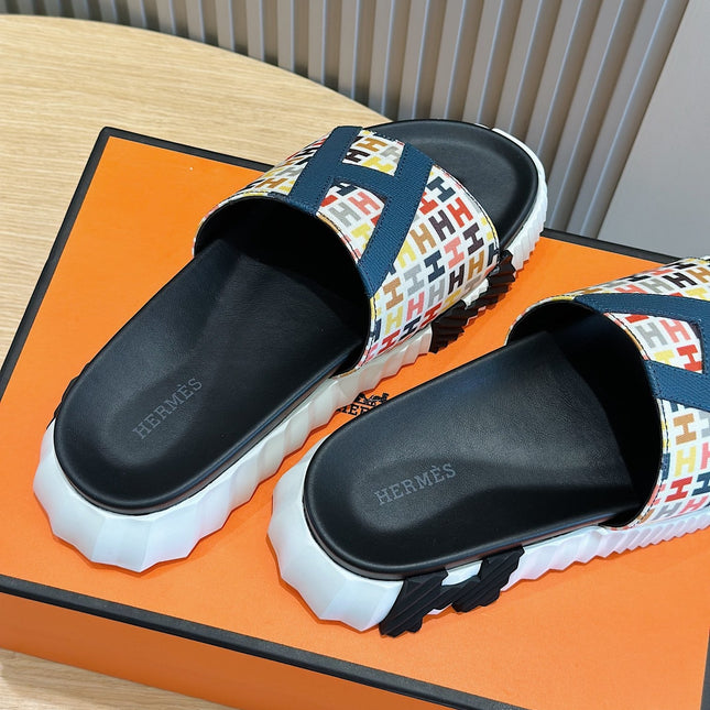 HM SLIPPERS BLACK AND WHITE MONOGRAM CANVAS