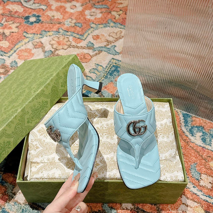 HIGH THONG MULE 55MM IN SKY BLUE CALFSKIN WITH GOLD HARDWARE