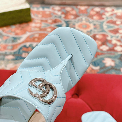 HIGH THONG MULE 55MM IN SKY BLUE CALFSKIN WITH GOLD HARDWARE