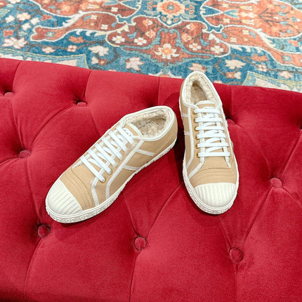 GG CANVAS SNEAKER IN CAMEL BROWN DENIM WITH BEIGE FLEECE LINING