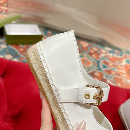 GG CROSS STRAP FLAT SHOES IN WHITE CALFSKIN WITH STRAW SOLE