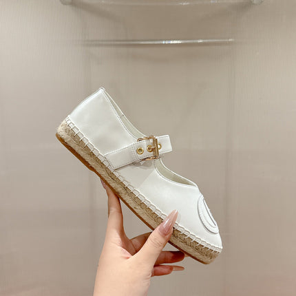 GG CROSS STRAP FLAT SHOES IN WHITE CALFSKIN WITH STRAW SOLE