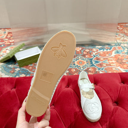 GG CROSS STRAP FLAT SHOES IN WHITE CALFSKIN WITH STRAW SOLE