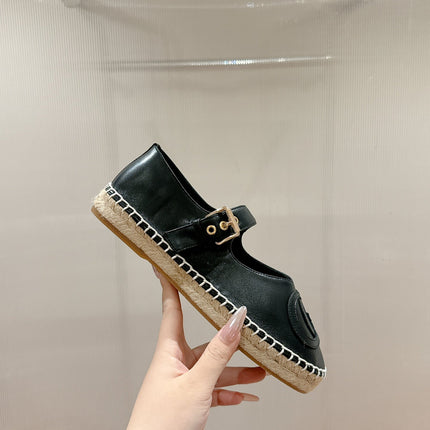 GG CROSS STRAP FLAT SHOES IN BLACK CALFSKIN WITH STRAW SOLE