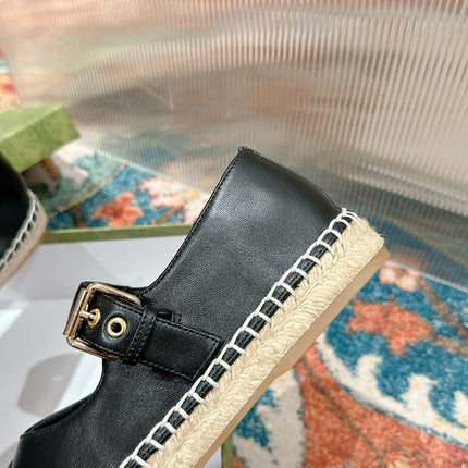 GG CROSS STRAP FLAT SHOES IN BLACK CALFSKIN WITH STRAW SOLE