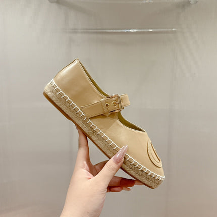 GG CROSS STRAP FLAT SHOES IN BEIGE CALFSKIN WITH STRAW SOLE