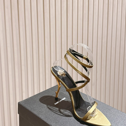 YSL 25S STRAPPY HIGH-HEEL SANDALS 100 MM IN OLIVE GREEN LAMBSKIN