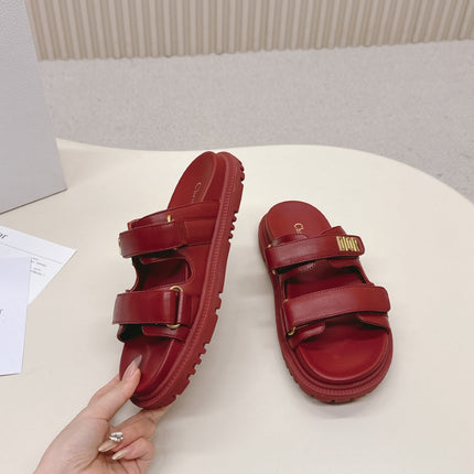 DIOR CLASSIC DOUBLE-STRAP SLIDES 25S IN DARK RED CALFSKIN